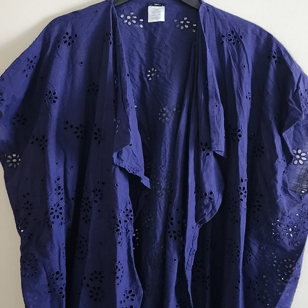 J. Crew Deep Blue Eyelet Cardigan Kimono Womens S/M Organic Cotton